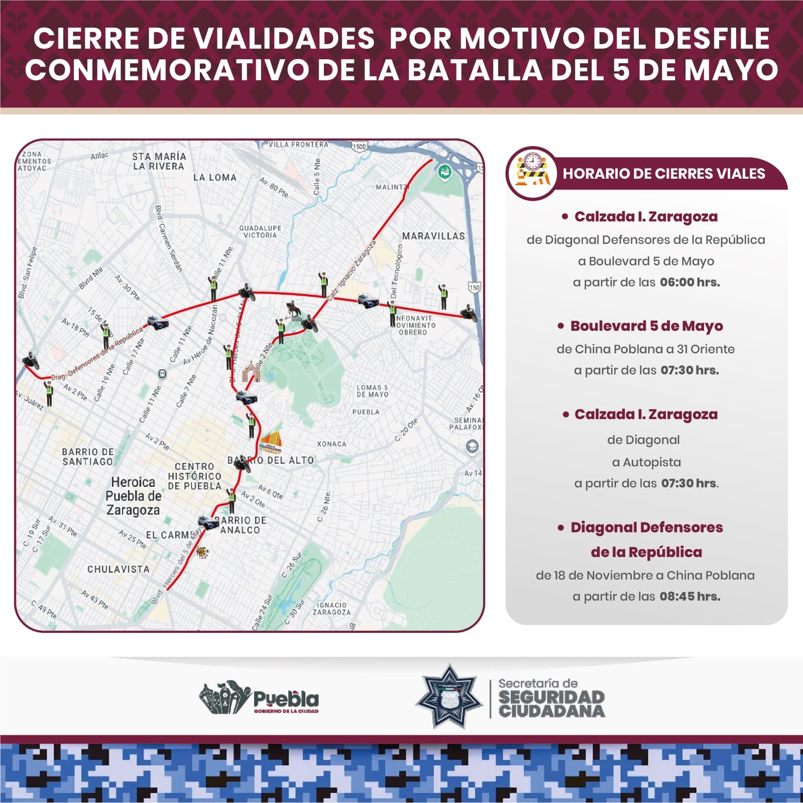 Implementará la SSC cierres viales por la realización del Desfile Conmemorativo de la Batalla del 5 de Mayo