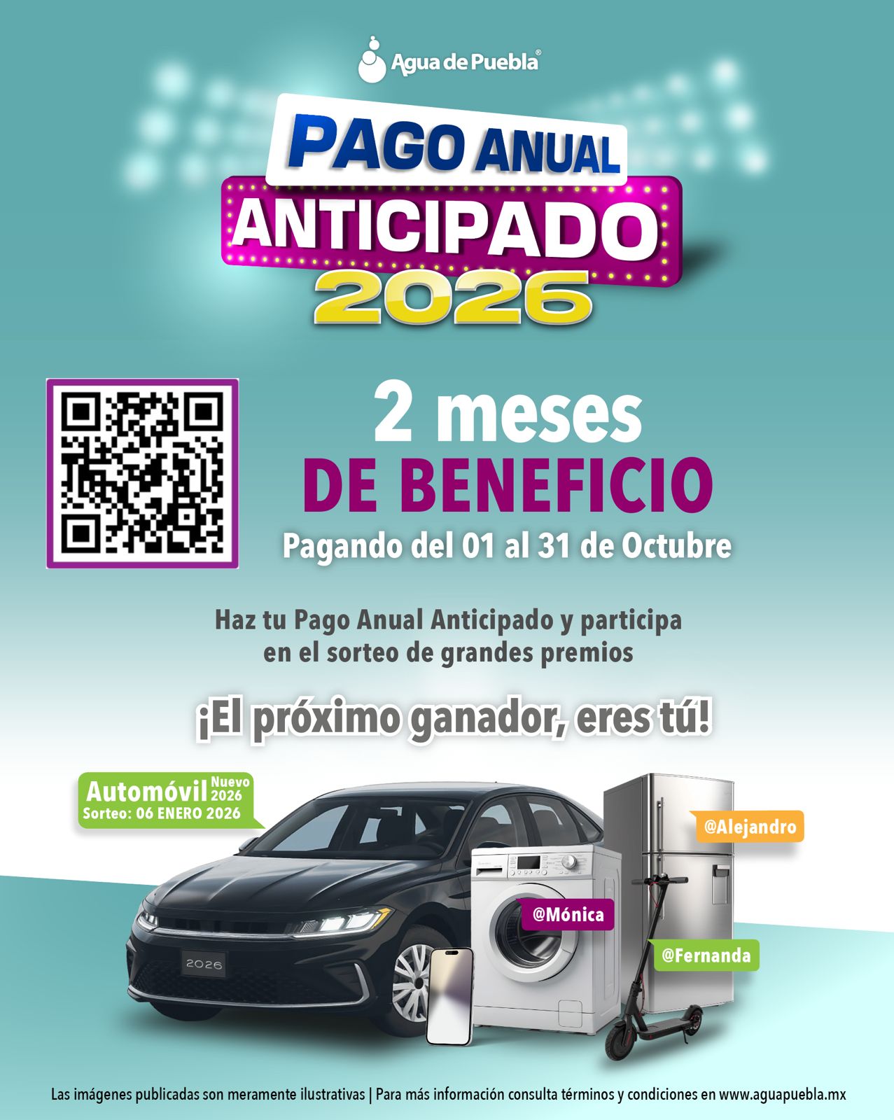 Con 2 meses de beneficio, la rifa de un auto y 60 premios más, Agua de Puebla arranca su “Pago Anual Anticipado 2026”