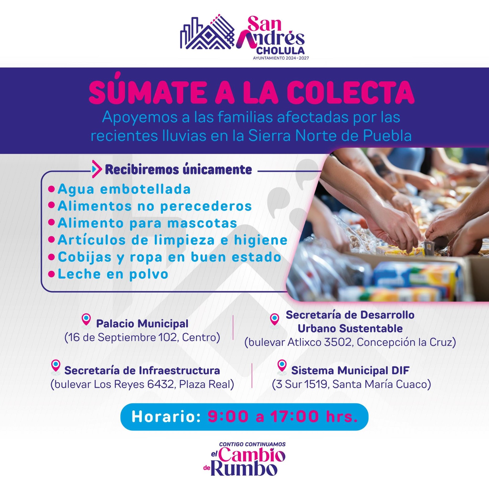 El Gobierno de San Andrés Cholula apoya a las familias afectadas con programa «Sumate a la colecta»