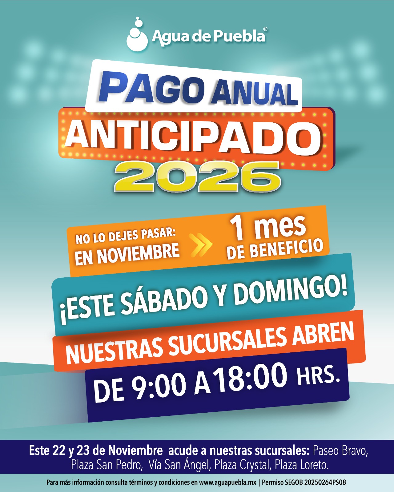 Para que más usuarios aprovechen “El Gran Fin del Ahorro”, Agua de Puebla abrirá 5 sucursales este sábado 22 y domingo 23 de noviembre