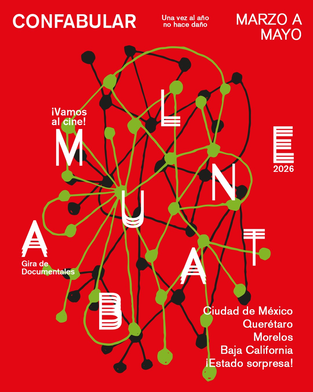 Del jueves 5 de marzo al jueves 21 de mayo de 2026 se realizará la 21ª Edición de la Gira de Documentales Ambulante.