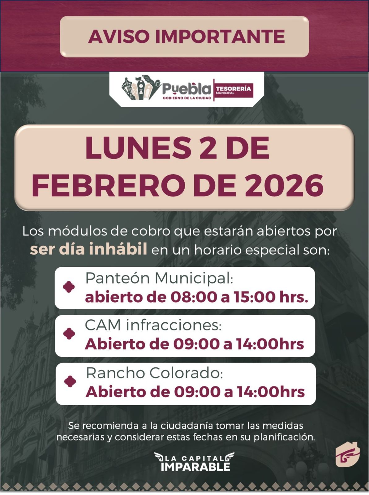 Informa Gobierno de Pepe Chedraui horarios en módulos de cobro para el 2 de febrero