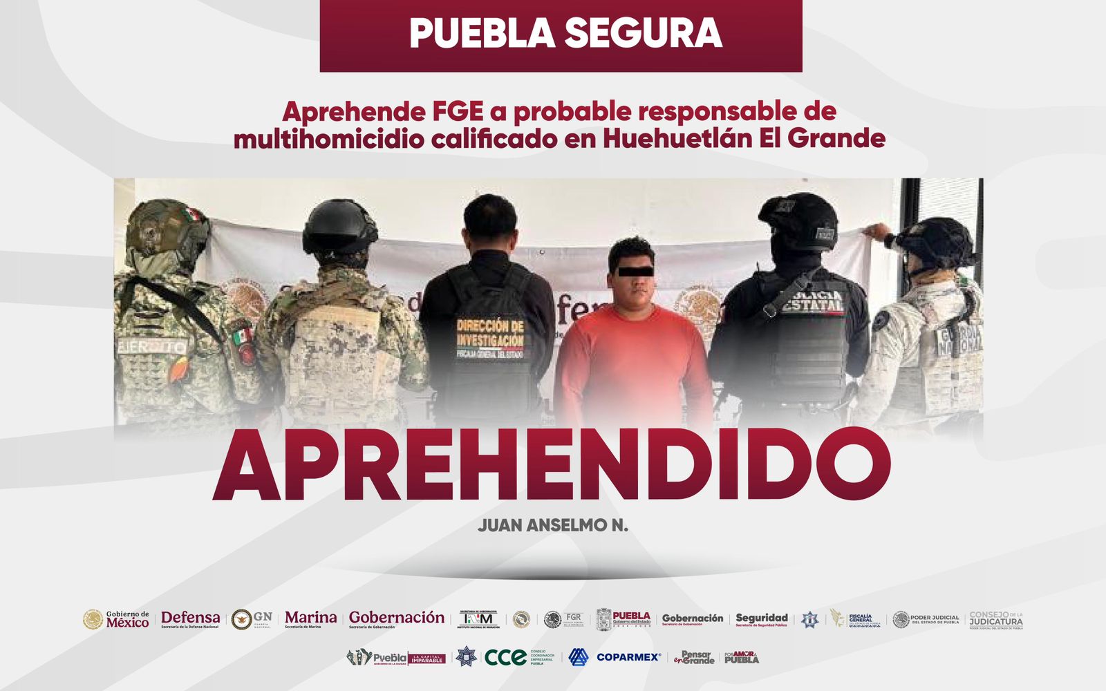 Puebla segura: cero impunidad ante la delincuencia; cae presunto responsable de multihomicidio en Huehuetlan el Grande