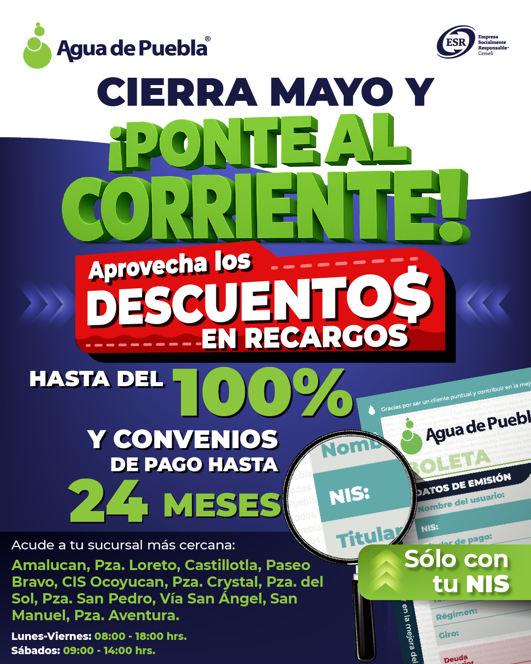 Agua de Puebla extiende en mayo los beneficios del programa Ponte al Corriente, con descuentos hasta del 100% en Recargos