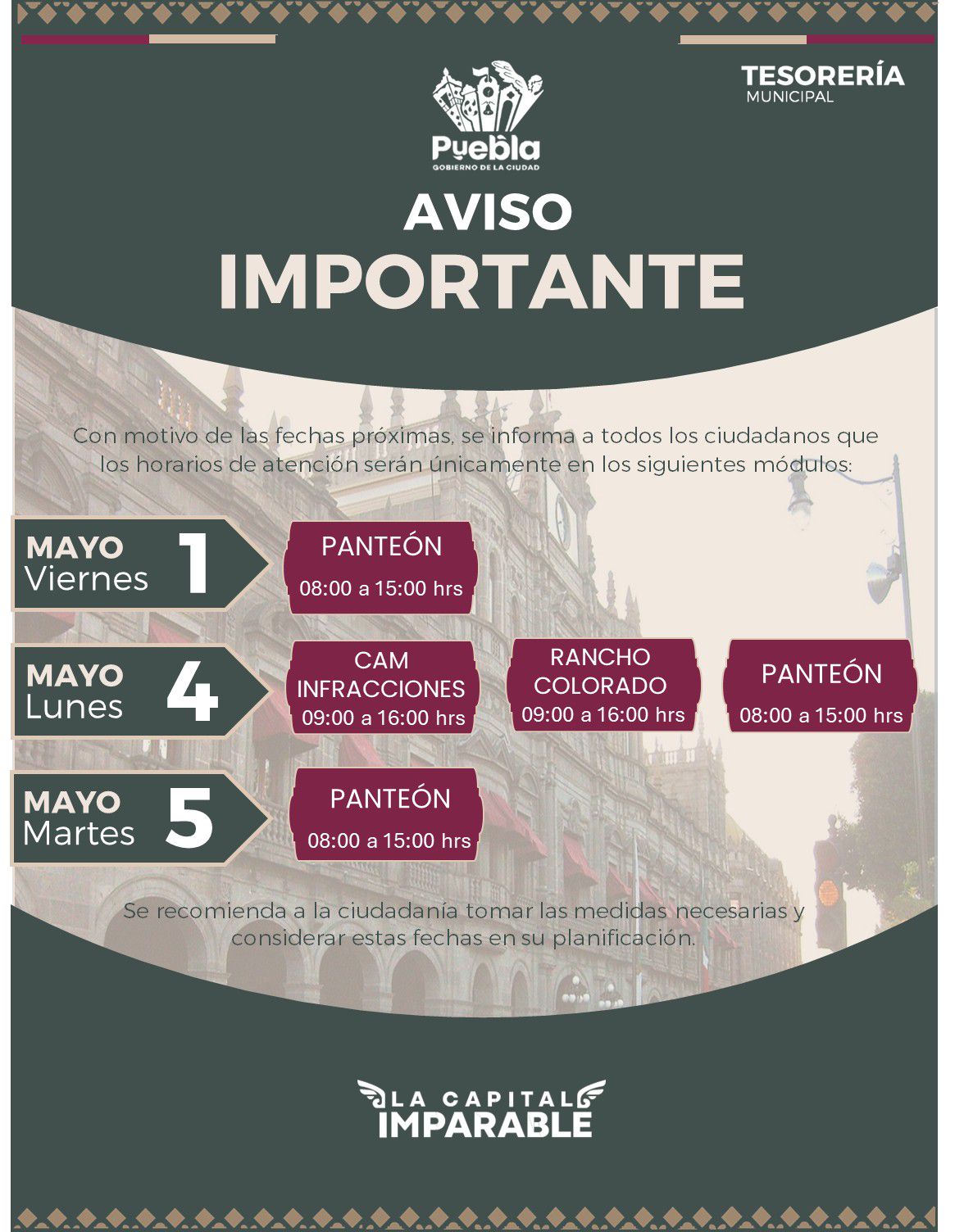 Informa Gobierno de la Ciudad horarios en módulos de cobro del 1 al 5 de mayo