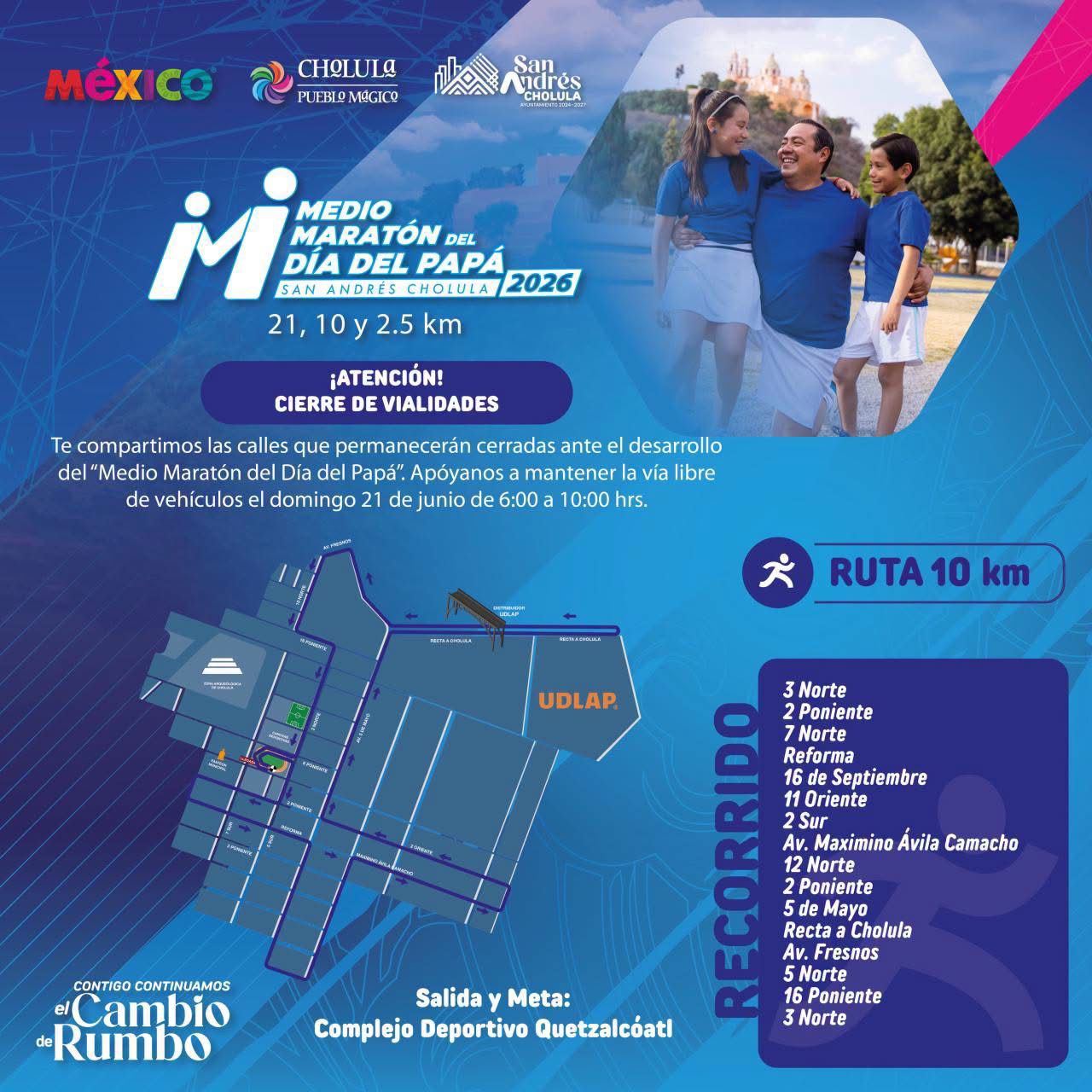 Anuncia Gobierno de San Andrés Cholula cierres viales por el Medio Maratón del Día del Papá 2026