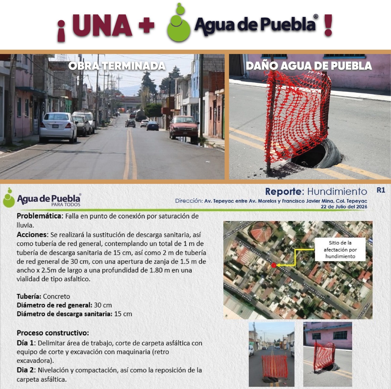 Agua de Puebla genera socavón por falta de mantenimiento a tuberías