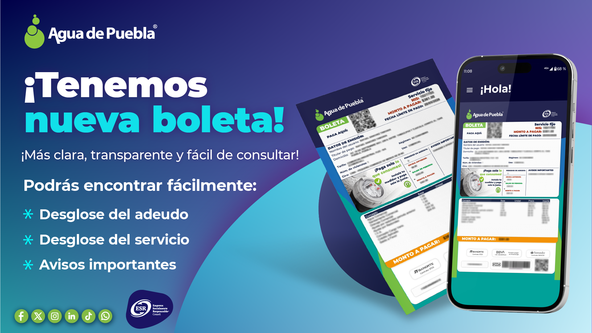 Agua de Puebla presenta su nueva boleta de cobro: más clara, transparente y fácil de consultar